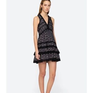 Sea New York Yvonne Mini Ruffle Lace Tiered Pom Pom Dress, XS